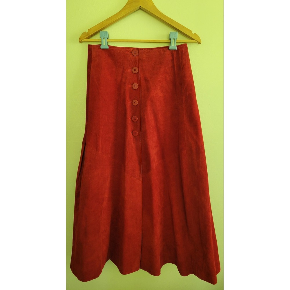 Vtg Stampede Red Leather High Rise Midi Skirt M Western Button Front 90s READ